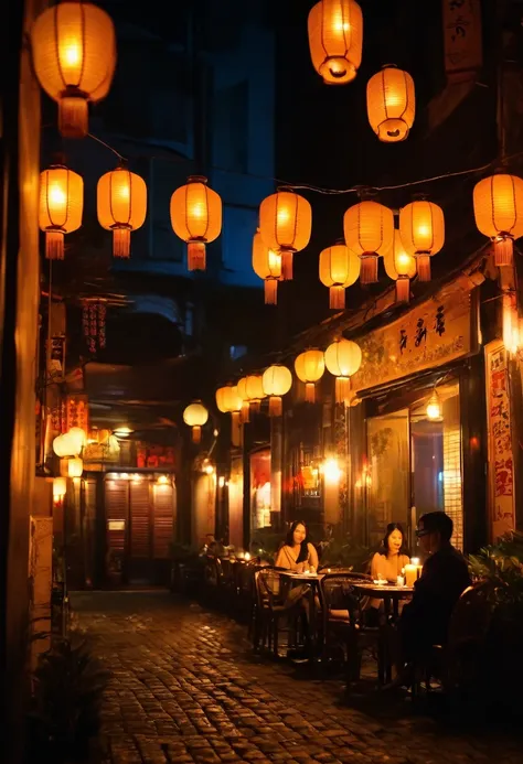 a mysterious night cafe with dimly lit lanterns casting warm glows on cobblestone streets, small tables adorned with flickering ...