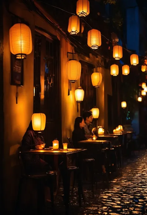 a mysterious night cafe with dimly lit lanterns casting warm glows on cobblestone streets, small tables adorned with flickering ...