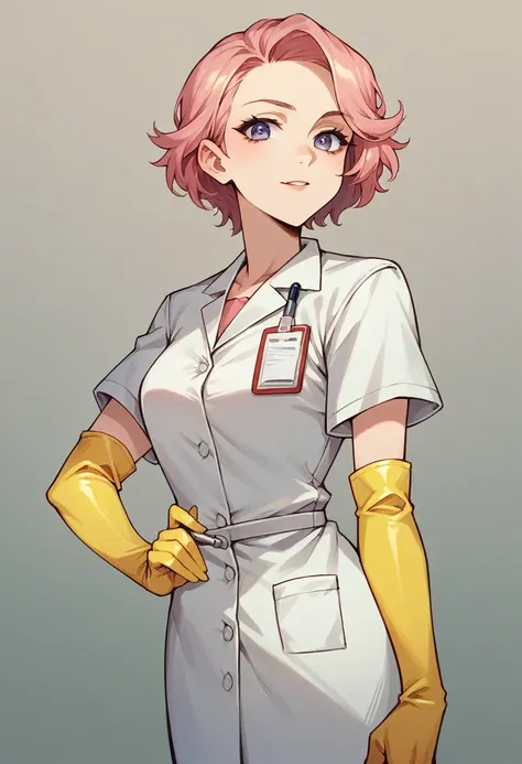 1girl, ((yellow elbow gloves)), ((surgical gloves)), ((latex gloves)), ((long sleeves)) ((pink surgeon outfit)), looking at viewer, ((doctor)), standing, solo