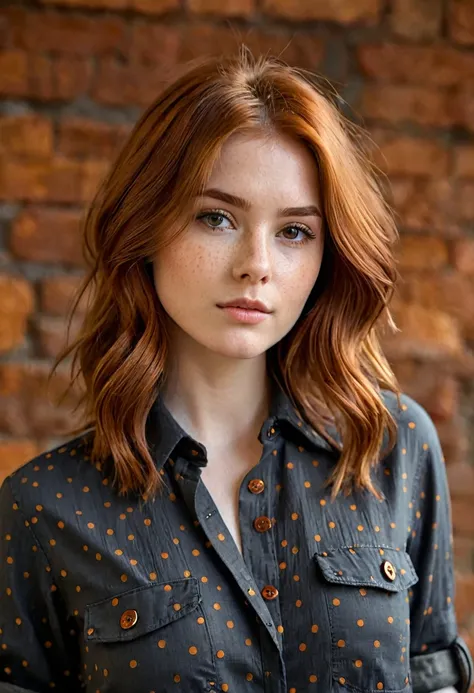 An image of a young woman with shoulder-length tousled auburn hair. She has a serene expression and is wearing a charcoal grey, textured shirt with a dotted pattern and chest pockets. The shirt has copper-toned buttons, partially undone. The background is ...