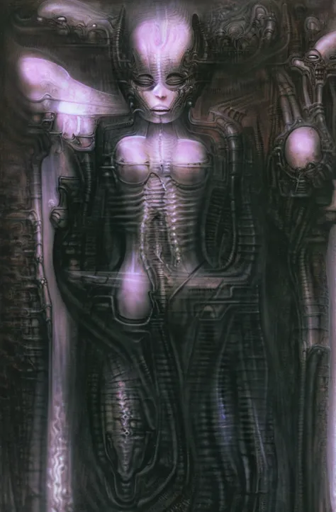 g1g3r, 0f1g, giger_style, giger_style, the image is a detailed view of h.r. giger's \" necromancer v\" plate, 

 the tableau dep...