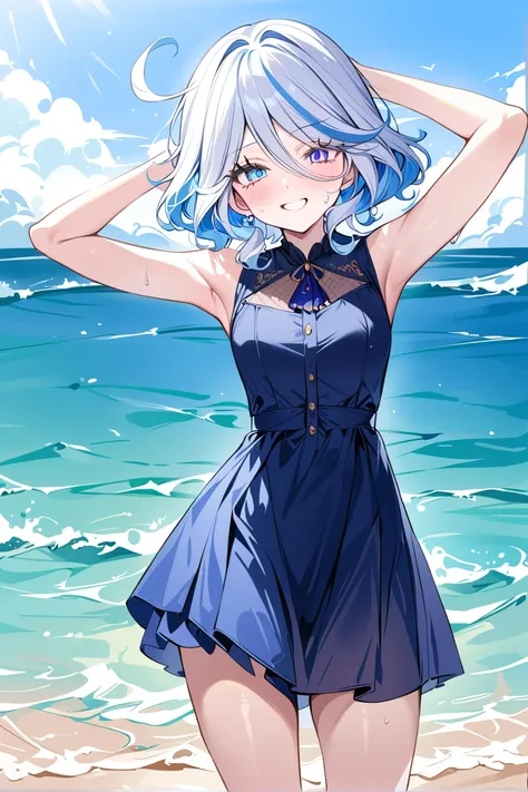 anime girl in a blue dress standing on the beach