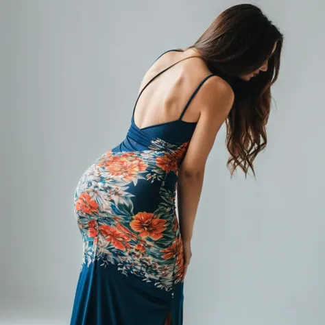 Rear view shot of a young woman bending over in a maxi bodycon dress 