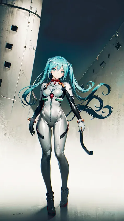 ((初音ミクはplug suitを着ている))、big breasts、latex bodysuit、plug suit((neon genesis evangelion))、plug suitの色は白と水色、high heels、the backgrou...