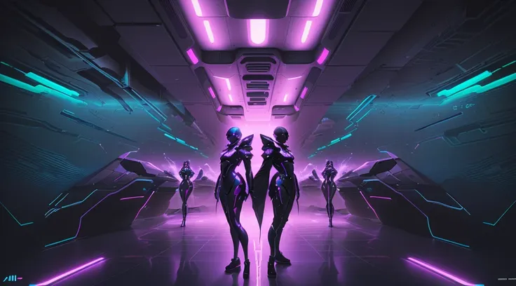 a poster featuring dancers in a futuristic environment, album art, ( ( ( synthetic wave ) ) ),  Official Art, 🕹️ 😎 🔫 🤖 🚬, promo, music album cover, art cape, music album art, album art cape, album, by Juan Villafuerte, (synthetic wave)