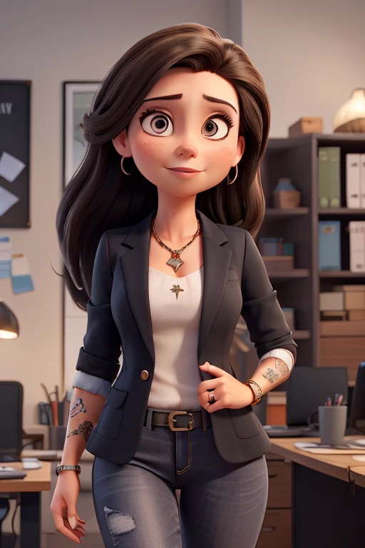 Create an executive woman, brunette skin, chubby body, wearing jeans and a black blazer, inside an office, fully body, piercing no nariz, tattoo on arm, long straight hair, rings on fingers