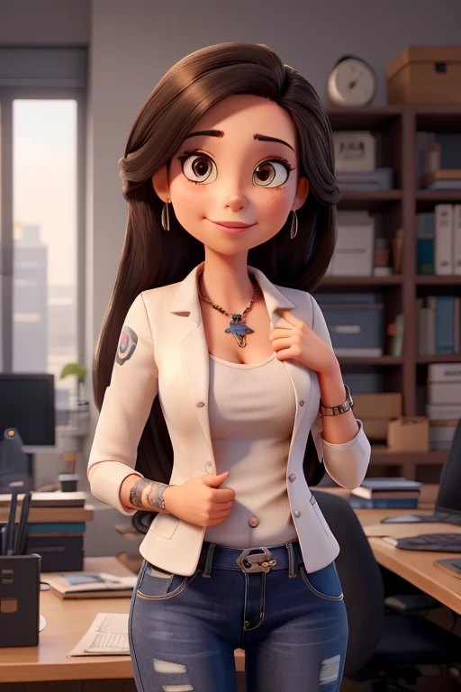 Create an executive woman, brunette skin, chubby body, wearing jeans and a black blazer, inside an office, fully body, piercing no nariz, tattoo on arm, long straight hair, rings on fingers