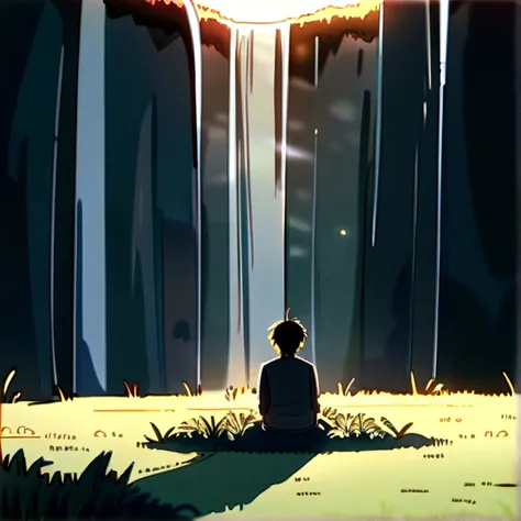 A sad boy sitting alone in sunset in wide area covered with grass in centre, in sideways a waterfall, in up crow group, professional style, extra detailed, anime style photos , high resolution, extra quality,HD clarity 