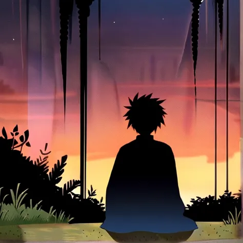 A sad boy sitting alone in sunset in wide area covered with grass in centre, in sideways a waterfall, in up crow group, professional style, extra detailed, anime style photos , high resolution, extra quality,HD clarity 