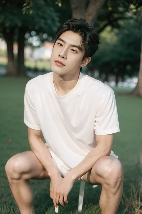 Asian muscular boy sitting on grass, white shirt, wearing white thong high cut underwaer, white high cut Jockstrap, muscular young male, mid shot portrait, high quality portrait, Attractive pose, cute young man, gorgeous young model, portrait a 25 - year -...