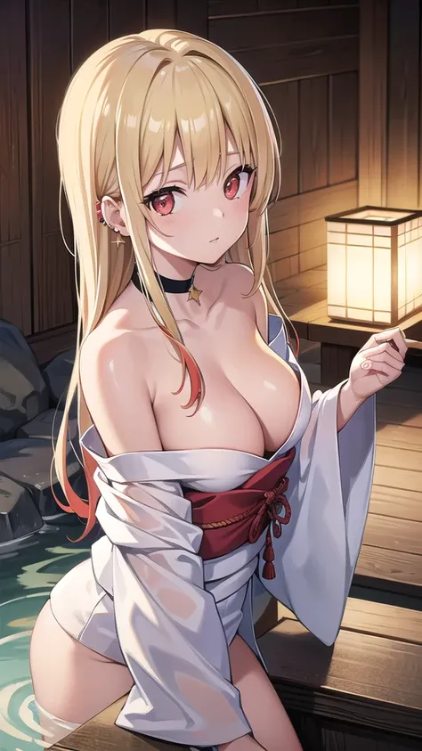 marinkitagawa, marin kitagawa, blonde hair, choker, ear piercing, earrings, long hair, piercing, (red eyes:1.5), straight hair, swept bangs,
BREAK japanese clothes,kimono,wet kimano, yukata,cleavege,neckline,black choker, naked shoulders,
BREAK indoors, on...