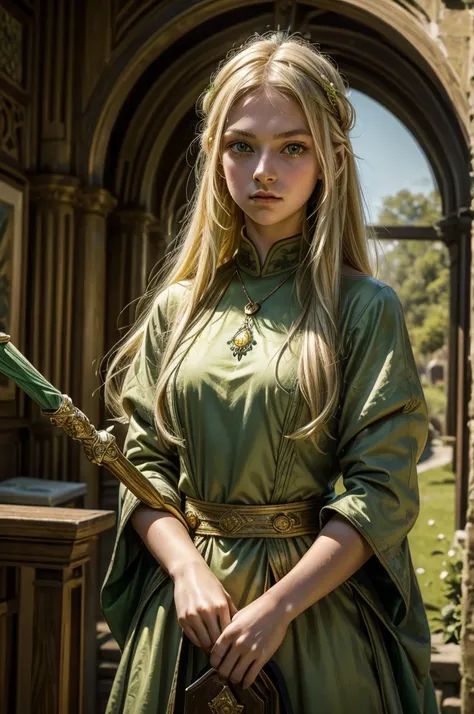 ((best qualityer)), ((work of art)), (detailded), medieval era, 1 girl, 15year old, Bullish, long YELLOW hair, big green eyes, fine nose, Full mouth, long neck, green tunic, neckleace, a staff, small town, magie, healing
