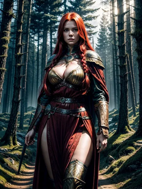 a young beautiful woman with perfect facial features, long red hair, big firm breasts, perfect proportions, in a viking warrior outfit, standing in a cinematic pose in a nordic forest, best quality, brilliant details, cinematic lighting, exciting perspecti...