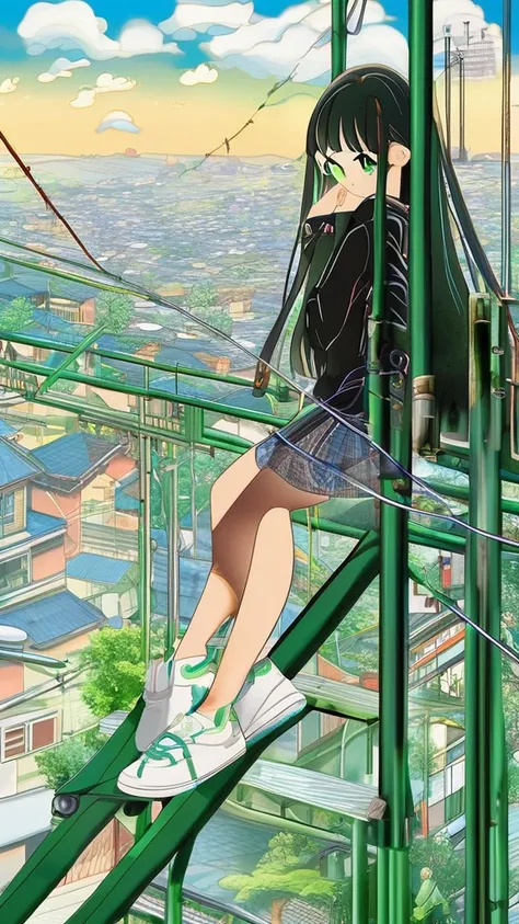 masterpiece, Exquisite detail,Highest quality, One girl, alone, handrail, cloud, 立ってzeroを見上げている,Long Hair, shoes, zero, Long sleeve, sneakers, Power lines, White footwear, Black Hair, View your viewers, Electric pole, bangs, cloudy zero, fish, bird, Green ...