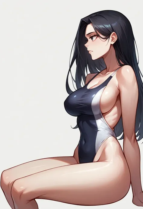 Very delicate, beautiful girl, break, 8K, Highest quality, masterpiece, Super adopted, Super detailed girls, Ultra-fine illustrations, (Looking into the distance), whole body, One Girl,Ray Tracing,Beautiful breasts,Long black hair, Black competitive swimsu...