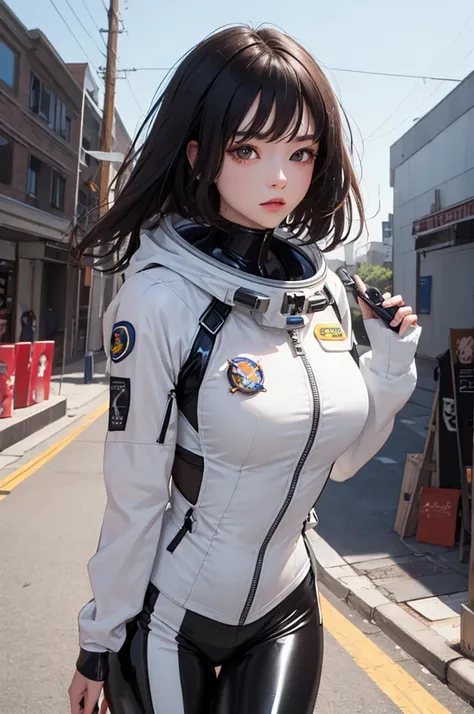 Masterpiece, of the highest quality, ultra detailed, Masterpiece, professional photography, beautiful girl, Sexy outfit, black hair, astronaut suit, latex suit, spring outfit, colorful hair, exterior ,Upper part of the body, Sadness, worry