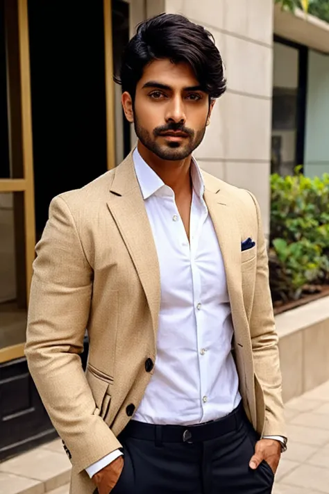 arafed man in a tan suit and white shirt standing outside, handsome and elegant, handsome man, handsome male, handsome and attra...