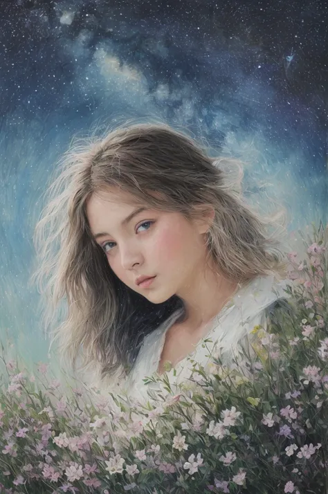 Close-up shot, an Anime  wearing a white glass , standing on the land,night view ,Many stars on the night sky,The Milky Way ,colorful flowers,headshot close-up, oil painting style, very obvious oil painting strokes, impressionist palette style, 32k uhd, be...