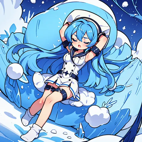 (artwork, best quality) a girl with long blue hair, closed eyes, blue eyelashes, white sailor suit, big breasts, perfect body, beautiful eyes, good waist, tattoo, screaming with joy, arms and legs open, listening to music with a headset, lying in the snow