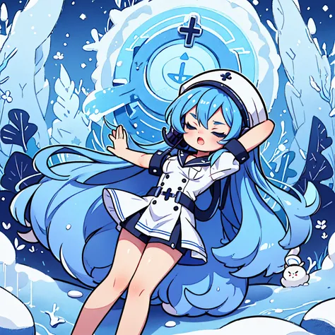 (artwork, best quality) a girl with long blue hair, closed eyes, blue eyelashes, white sailor suit, big breasts, perfect body, beautiful eyes, good waist, tattoo, screaming with joy, arms and legs open, listening to music with a headset, lying in the snow