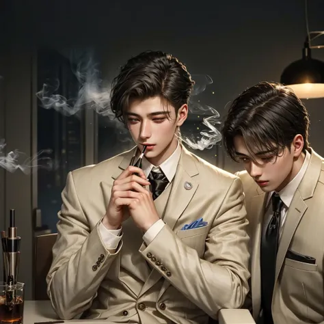 Young man in a suit and tie lighting his cigarette, 20 years old men smoking a cigarette, gibli realistic, handsome young man lighting his cigarette, smoking, gentlemen, perfect face, perfect head, perfect hands, perfect fingers