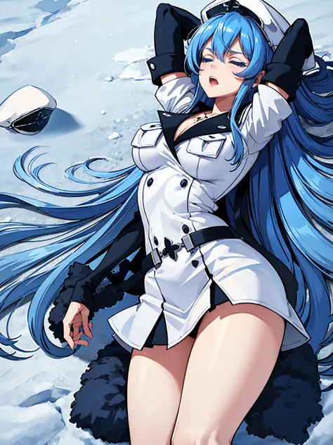 (artwork, best quality) a girl with long blue hair, closed eyes, blue eyelashes, white sailor suit with captains hat, big breasts, perfect body, pretty eyes, good waist, tattoo, screaming with joy, arms and legs open, lying in the snow