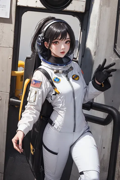 Masterpiece, of the highest quality, ultra detailed, conceptual, Masterpiece, professional photography, beautiful girl, Sexy outfit, black hair, astronaut suit, latex suit, spring outfit, colorful hair, exterior ,whole body, happiness, seriousness