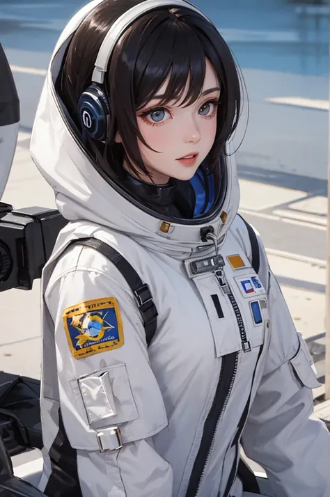 Masterpiece, of the highest quality, ultra detailed, conceptual, Masterpiece, professional photography, beautiful girl, Sexy outfit, black hair, astronaut suit, latex suit, spring outfit, colorful hair, exterior ,whole body, happiness, seriousness