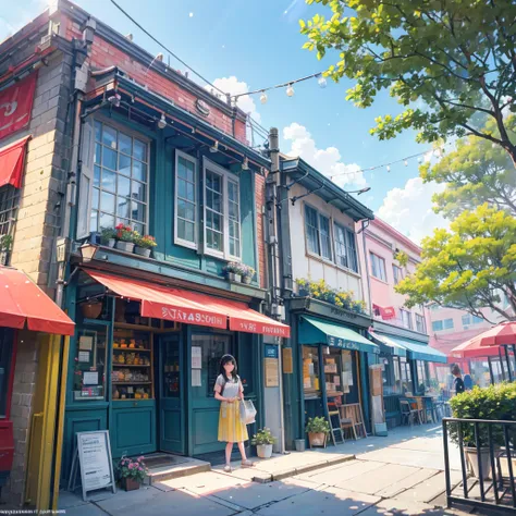 "Vibrant cityscape on a sunny day, perfect for an outing. A lively street scene with diverse people enjoying various activities.
Central focus:
A group of friends laughing and taking selfies in front of a colorful mural
A family enjoying ice cream from a q...