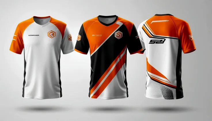 a orance and white jersey with a futuristic design, racing, e-sport style, no jersey, sport clothing, wearing a volleyball jersey, sports clothing, off white jersey, shirt design, t shirt design, e-sports logo vector, esports, realistic clothing, tshirt de...