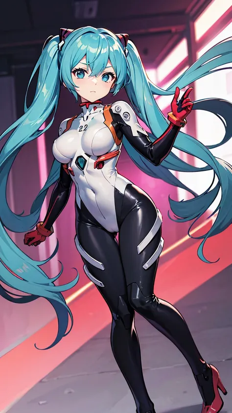 ((初音ミクはPlug Suitを着ている))、Big Breasts、Latex bodysuit、Plug Suit((Neon Genesis EVANGELION))、Plug Suitの色は白と水色、High heels、The background is ruins、Highest quality、Highest quality、2010s anime style、8K CGイラスト