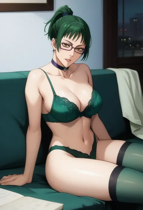 score_9, score_8_up, score_7_up, score_6_up, h1m3n0, 1girl, , mature female,  Maki Zenin , green ponytail bang hair, glasses, yellow eyes, Victoria’s Secret dark green lingerie with stockings and rhinestones shining choker, perfect model body, parted lips,...