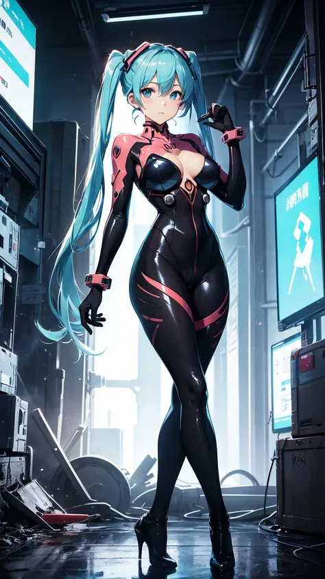 ((初音ミクはPlug Suitを着ている))、Big Breasts、Latex bodysuit、Plug Suit((Neon Genesis EVANGELION))、Plug Suitの色は白と水色、High heels、The background is ruins、Highest quality、Highest quality、2010s anime style、8K CGイラスト