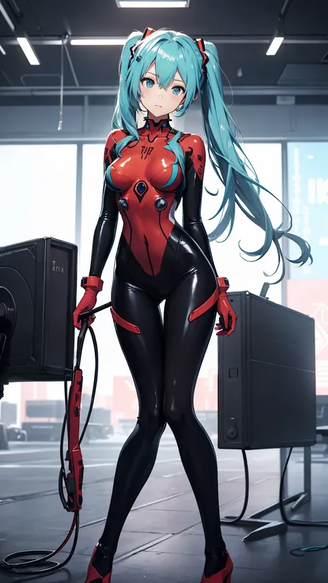 ((初音ミクはPlug Suitを着ている))、Big Breasts、Latex bodysuit、Plug Suit((Neon Genesis EVANGELION))、Plug Suitの色は白と水色、High heels、The background is ruins、Highest quality、Highest quality、2010s anime style、8K CGイラスト