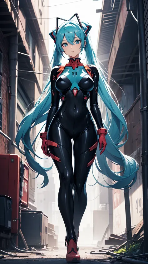 ((初音ミクはPlug Suitを着ている))、Big Breasts、Latex bodysuit、Plug Suit((Neon Genesis EVANGELION))、Plug Suitの色は白と水色、High heels、The background is ruins、Highest quality、Highest quality、2010s anime style、8K CGイラスト