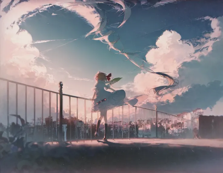 high quality, best quality, by rella, 1girl, flandre_scarlet, solo, sky, cloud, scenery, outdoors, dress, contrail, railing, day, blue sky, white dress, short sleeves, wide shot, camera, black socks, centered