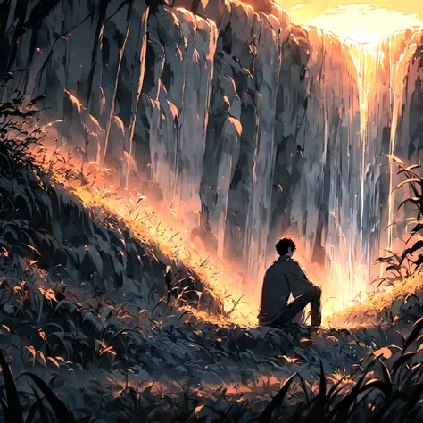 A sad boy sitting alone in sunset in wide area covered with grass in centre, in sideways a waterfall, in up crow group, professional style, extra detailed, anime style , high resolution, extra quality,HD clarity 