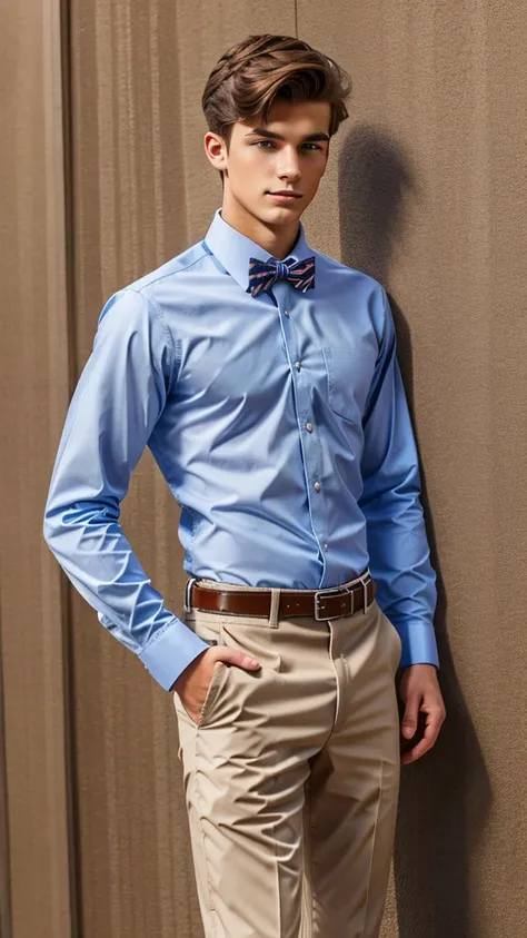 19 year old male wearing bow tie and lomg sleveed button up with belt and tucked in
4K HIGH REZ 

Physical Description: Brown colored hair and skinny build. 5"5 and 150 LB. Blue eyes. 

.