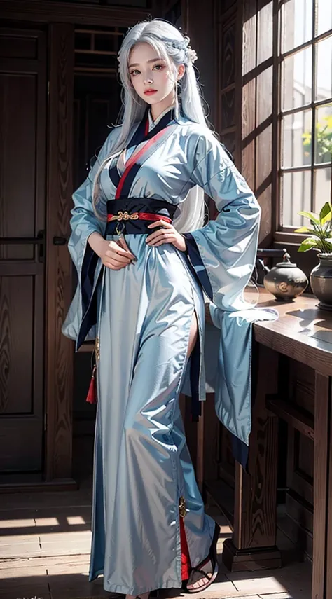 photorealistic, masterpiece, photorealistic, high resolution, soft light, hips up, blue eyes, hanfu, white hair, long hair, Taoist robe,oversized clothes, jewelry