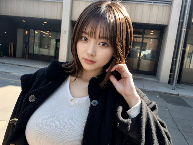 With bangs,Beautiful black hair,Woman with straight medium bob cut,huge breasts,,21-year-old female,(((No hat))),Aspacarina,((Shy expression)), large breasts, expresses the roundness and softness of your chest, Dont expose it,Very beautiful eyes, ,(((Weari...