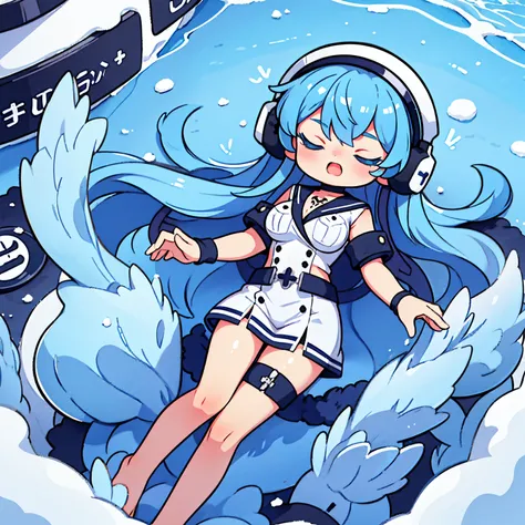 (artwork, best quality) a girl with long blue hair, closed eyes, blue eyelashes, white sailor suit, big breasts, perfect body, beautiful eyes, good waist, tattoo, screaming with joy, arms and legs open, listening to music with a headset, lying in the snow