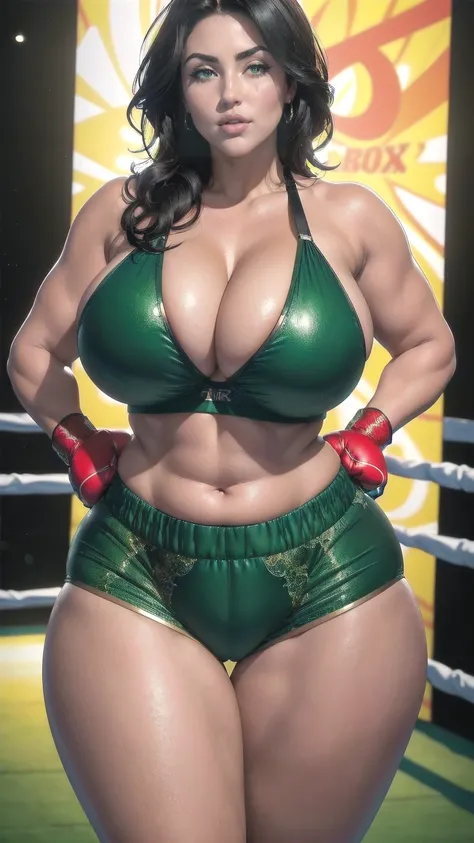 Stunning and gorgeous curvy thicc mature woman, sexy, ((large firm breasts)), (green eyes), (8k, RAW photo, best quality, masterpiece:1.2),ultra-detailed, (high detailed skin:1.2), 8k uhd, dslr, soft lighting, high quality, jet-black hair, ((boxing shorts)...