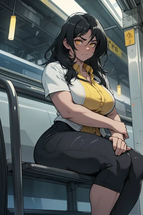 thick thick thick thick thick thick thick thick thick thick massive  huge muscles sad girl black hair yellow eyes pale skin (sitting on a train station at night alone) dynamic angle dark atmosphere solo solo