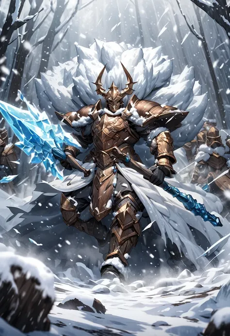 a extremely detailed warrior in wood like armor wielding a massive 2 handed hammer covered in snow and ice, surrounded by a blizzard