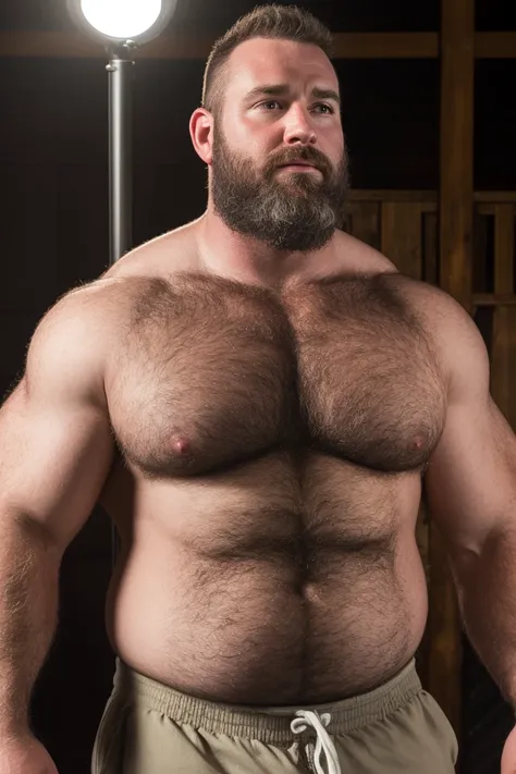 8KUHD HDR Very Extremely Realistic Very Detailed High Quality Create a professional studio-style photograph featuring a middle-aged daddy rugged muscle bears man , burly, very hairy, very beared big daddy bear,  and very realistic detailed rugged burly man...