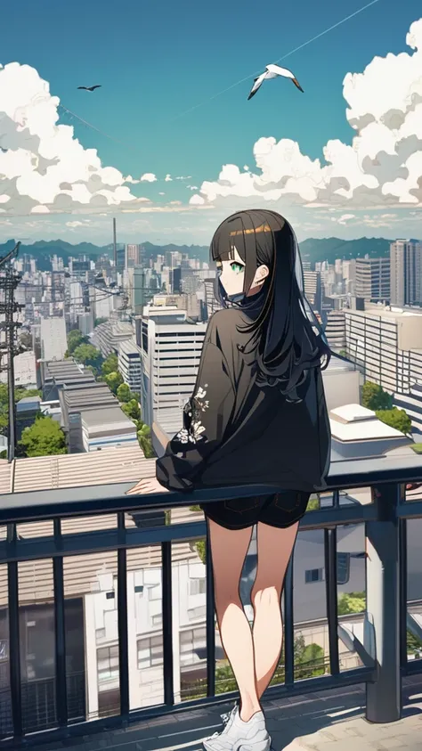 masterpiece, exquisite detail,highest quality, one girl, alone, handrail, cloud, 立ってnullを見上げている,long hair, null, long sleeve, sn...