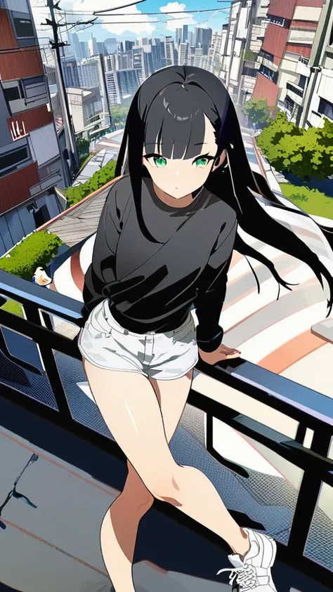 masterpiece, Exquisite detail,Highest quality, One girl, alone, handrail, cloud, 立ってNULLを見上げている,Long Hair, NULL, Long sleeve, sneakers, Power lines, White footwear, Black Hair, View your viewers, Electric pole, bangs, cloudy NULL, fish, bird, Green Eyes, S...