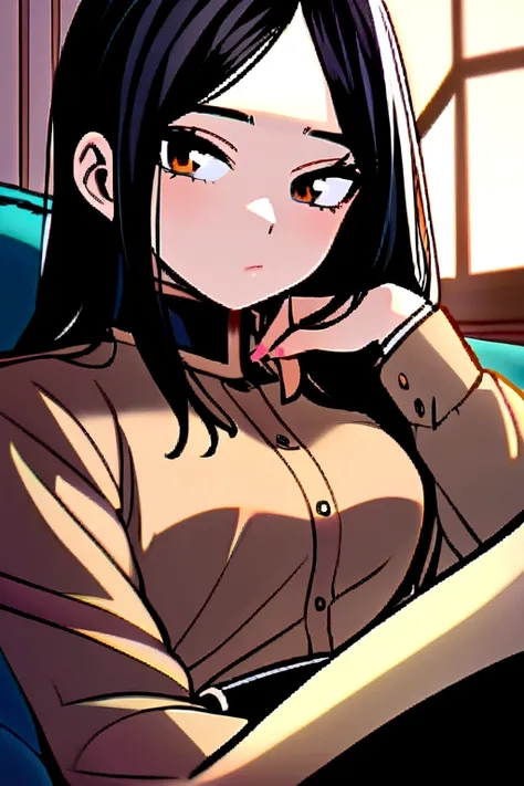 My Hero Academia.girl with long black hair and pink locks,brown eyes and brown uniform sitting in the living room 