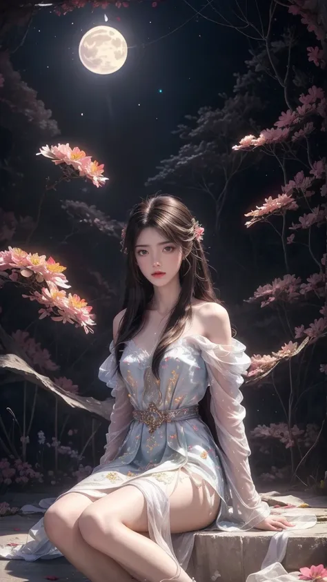 1girl, girl with long black hair, smiling, cheerful, girl is sitting among a wide expanse of flowers, surrounded by beautiful flowers, Calm and peaceful atmosphere, night, moonlight , Beautiful glowing butterflies surround the girl lighting up the darkness...