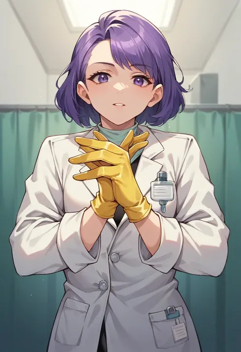 1girl, ((yellow gloves)), ((surgical gloves)), ((latex gloves)), ((long sleeves)) ((purple surgeon outfit)), looking at viewer, ((doctor)), standing, solo